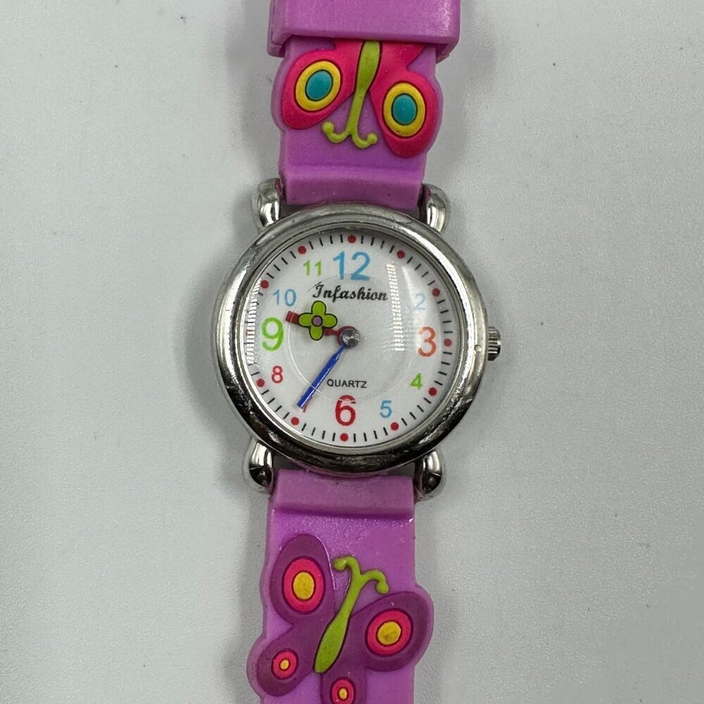3/$30 Butterfly Watch Girls Silver Tone White Dial Purple Silicone Watch